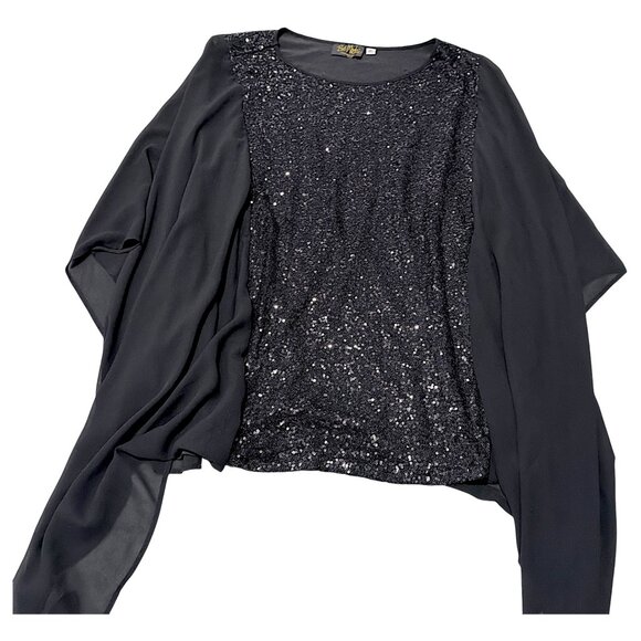 Bob Mackie Top Womens 3X Fits 22W/24W Black Sequin Chiffon Cocktail Lagenlook - Picture 5 of 16